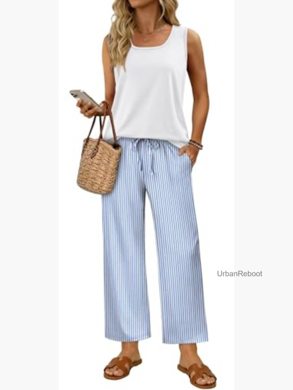 Women's 2 Piece Set Summer Travel Outfits Tank Top Wide Leg Pants Lounge Set - Picture 2 of 7
